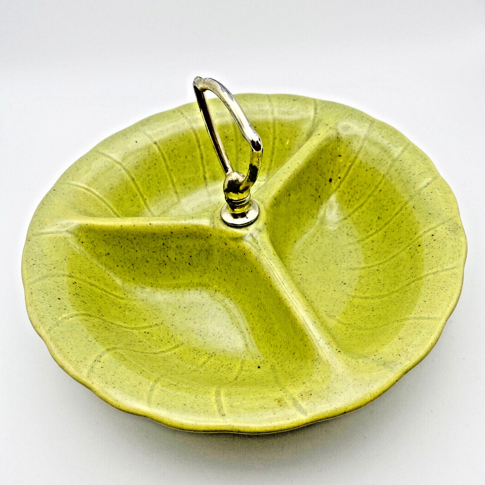Vintage California Pottery Divided Dish Tray Green Nut Relish Olive 1960